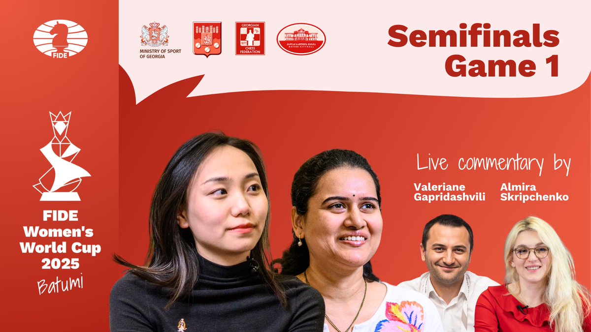 FIDE_chess's tweet image. 🔥 Semifinals of the FIDE Women's World Cup begin in 1 hour! #FIDEWorldCup
🎥 Follow with live commentary:
youtube.com/live/mFH9AP7g5…
🔇 Silent broadcasts:
🇨🇳 Lei Tingjie vs Humpy Koneru 🇮🇳
youtube.com/live/B9fTfUMtO…
🇨🇳 Tan Zhongyi vs Divya Deshmukh 🇮🇳
youtube.com/live/fUnFi2Be9…