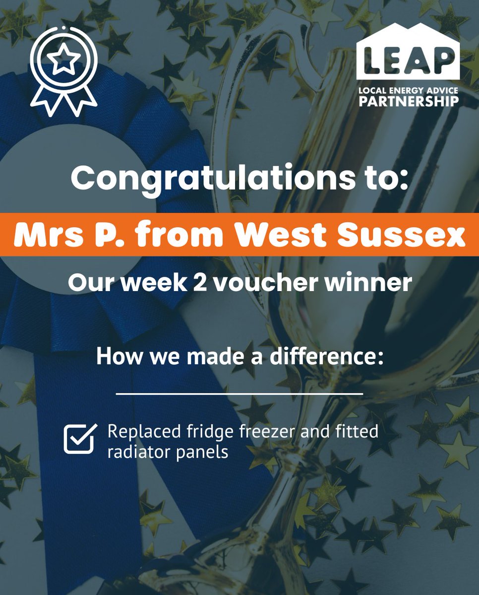 Congratulations to Mrs P. from West Sussex, our week 2 winner of our £250 shopping voucher competition! Would you like to stand a chance to win? Apply for a LEAP home energy advice visit or call during July 2025.

#EnergySavings #SustainableLiving #CostofLiving #LEAP #FreeAdvice