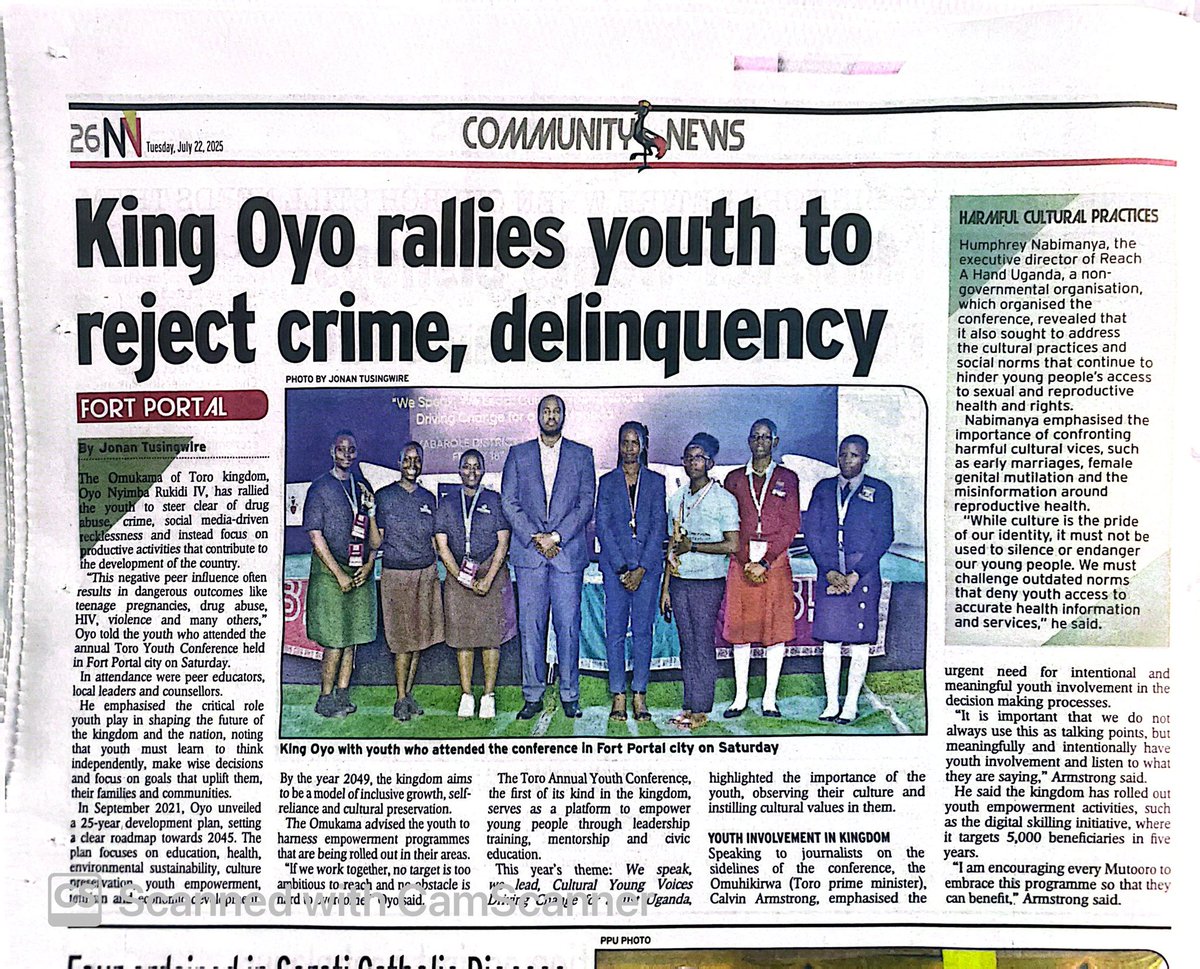 AtwookiCarol's tweet image. Omukama of Toro Kingdom, Oyo Nyimba Rukidi IV, has rallied the youth to steer clear of drug abuse, crime, social media-driven recklessness and instead focus on productive activities.