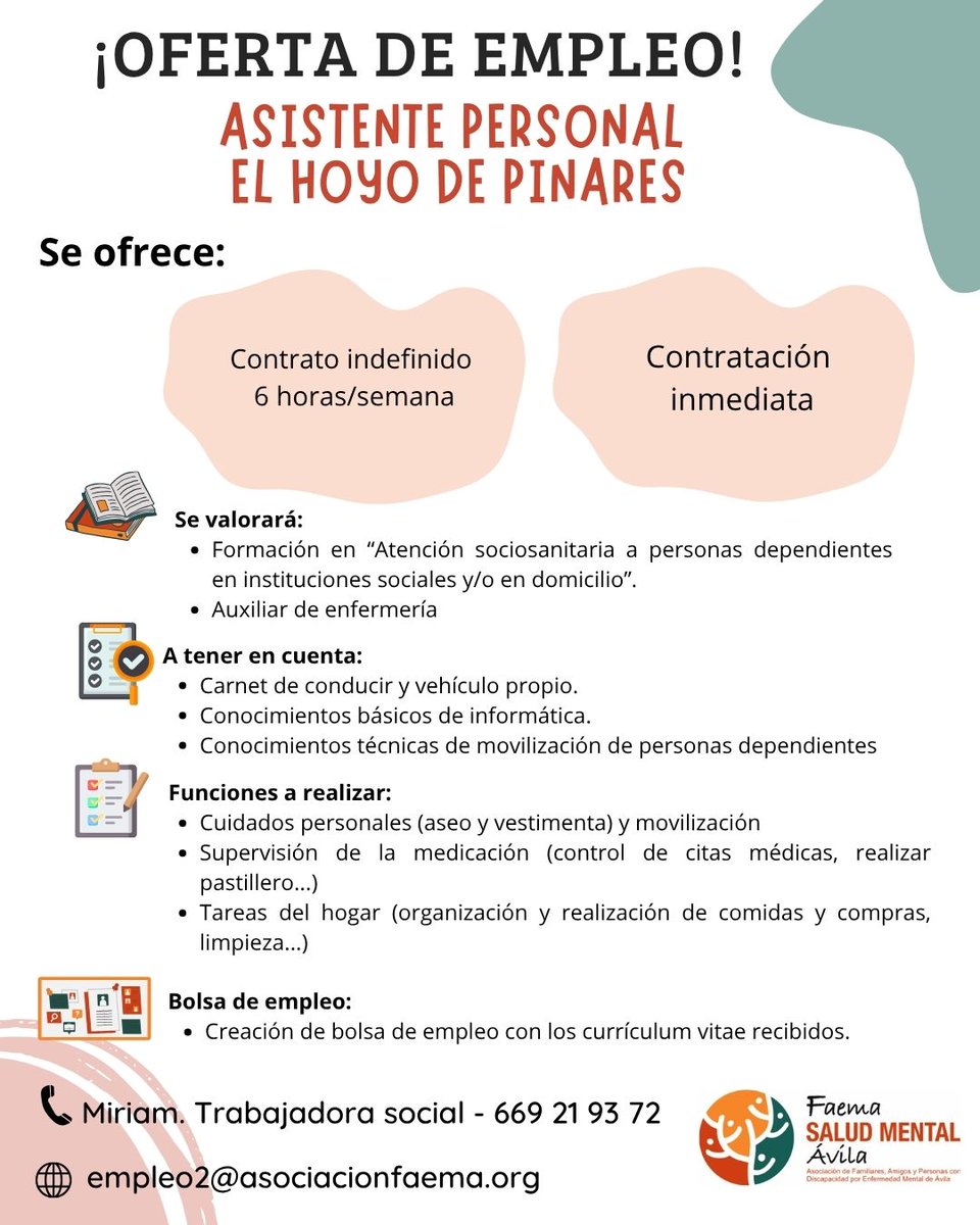 FAEMA SALUD MENTAL ÁVILA (@avilafaema) on Twitter photo ❗❗#OfertaDeEmpleo❗❗
Si quieres trabajar o conoces a alguien que quiera trabajar, no dejes pasar esta oportunidad.
Más información:
☎ 669 21 93 72
📧 empleo2@asociacionfaema.org
🏠 C/ Capitán Méndez Vigo 10, bajo. 05003 Ávila
¡Seguimos apostando por el #MedioRural! ❗❗#OfertaDeEmpleo❗❗
Si quieres trabajar o conoces a alguien que quiera trabajar, no dejes pasar esta oportunidad.
Más información:
☎ 669 21 93 72
📧 empleo2@asociacionfaema.org
🏠 C/ Capitán Méndez Vigo 10, bajo. 05003 Ávila
¡Seguimos apostando por el #MedioRural!
