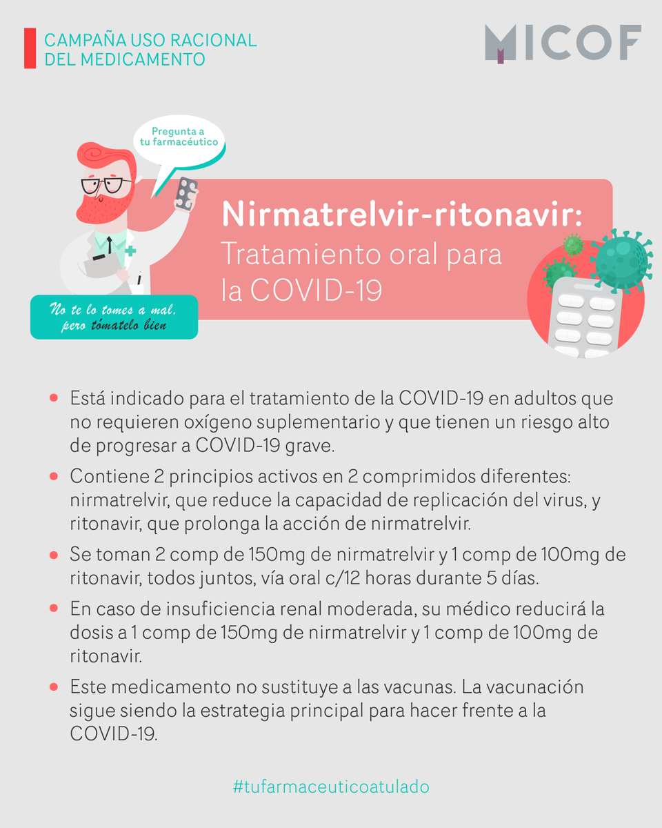 micofvlc's tweet image. 🔛💊 Seguimos con nuestra importante serie sobre el uso racional de los medicamentos.
📌 Hoy es el turno del Nirmatrelvir-ritonavir. 🙇♀️
Si tienes dudas, ya sabes que siempre tienes a #tufarmaceuticoatulado 🥼💚