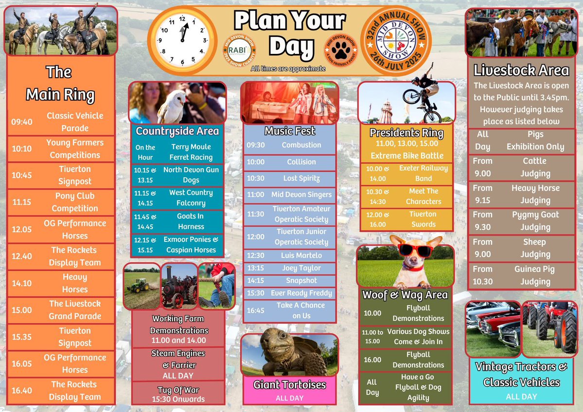 🗓️ Plan Your Day at the 2025 Mid Devon Show!
With just 4 sleeps to go, now’s the time to plan your perfect show day! 🎉

Check out the official 2025 timetable – packed with everything happening across the showground