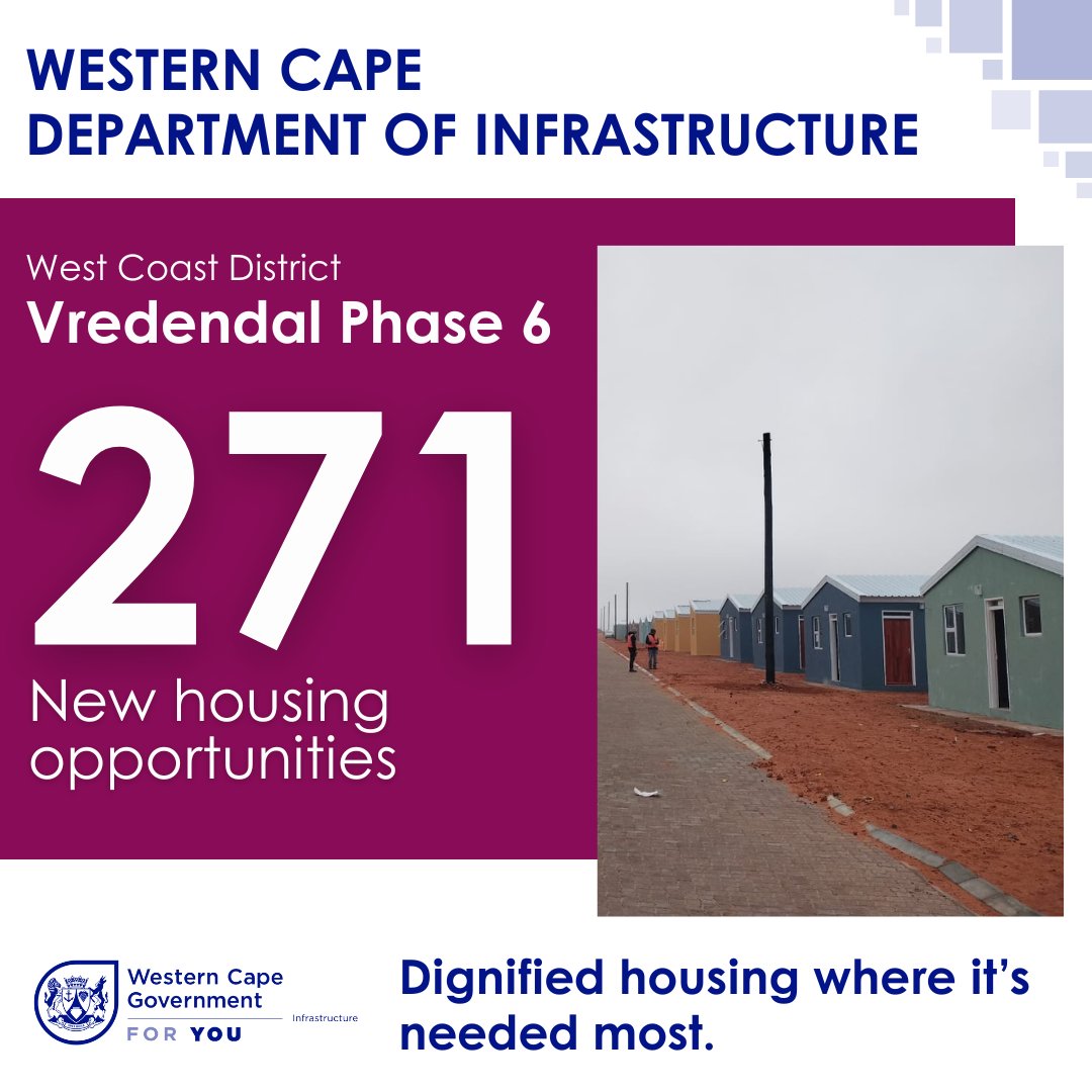 Min_TSimmers's tweet image. At the Vredendal housing project, we aim to complete a further 271 houses in phase 6 by November this year.
The Western Cape Government is committed to providing safe, dignified housing opportunities for residents.
#infrastructure #foryou