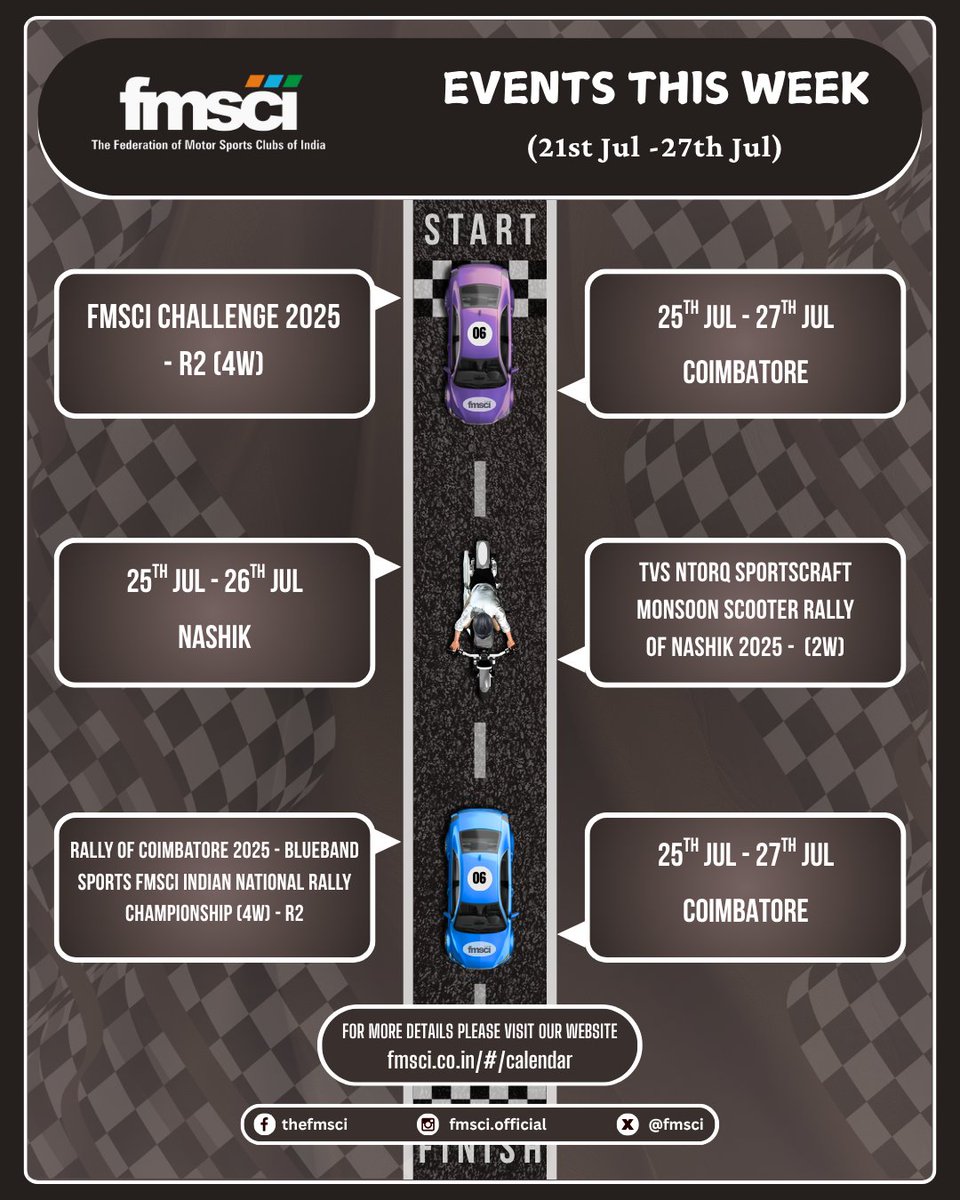 Start Your Engines—Race Week Is Here! 🏎️💨

Seven days of heart-pounding speed, epic battles, and pure trackside mayhem, brought to you by FMSCI.

📅 July 21–27
⚡ No limits. No fear. Just unbridled racing passion.

#FMSCI #RaceWeek #FullThrottle #BornToRace #ThrottleTherapy