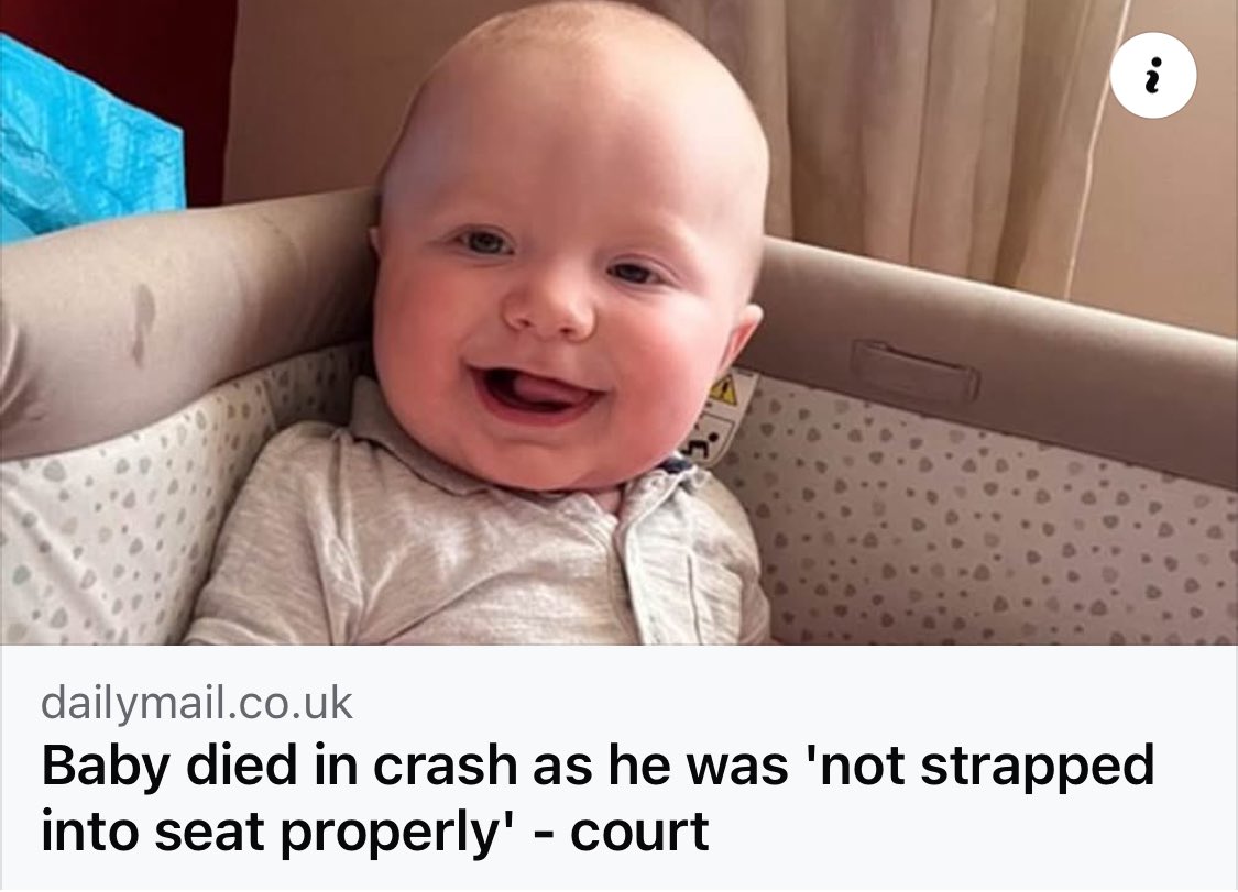 A properly fitted child car seat is imperative and drinking while driving is illegal and extremely dangerous.

These two factors resulting in the avoidable loss of a beautiful baby boy will haunt his mother for the rest of her life.

What a tragedy.💔

Baby died in crash as he