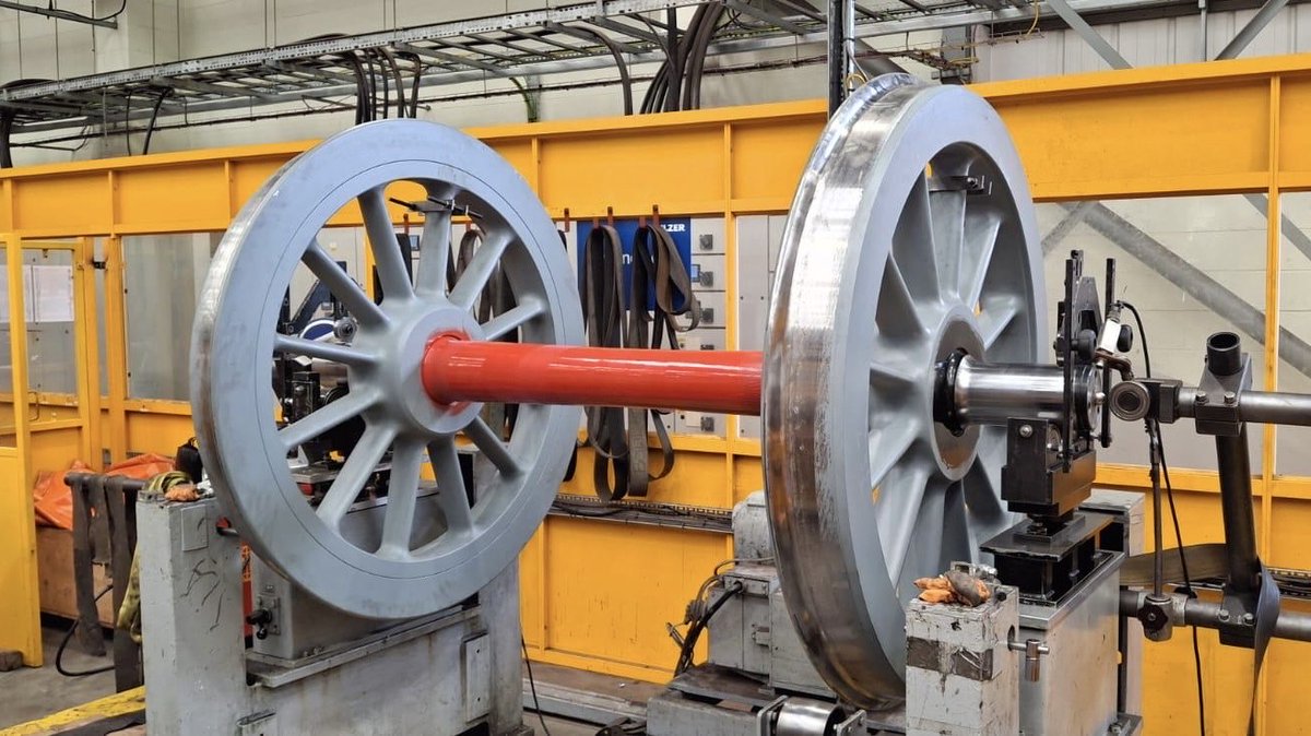 The first set of tender wheels being set up for high speed balancing. 

All four sets are on Teesside for this work and will be placed under the tender frames soon after their return.