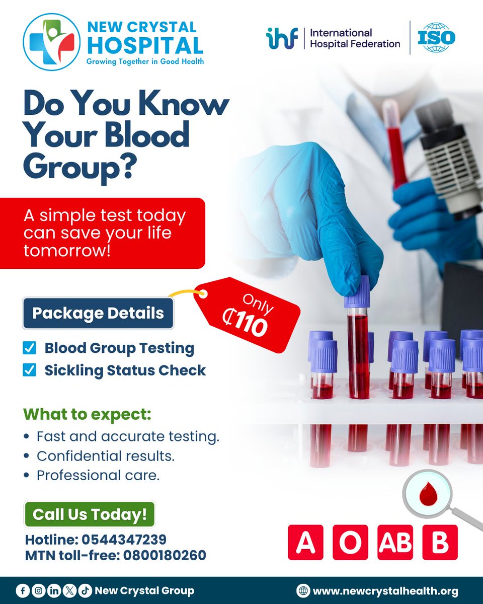 NewCrystalGroup's tweet image. Do You Know Your Blood Group?
A simple test today could save your life tomorrow!

Get your Blood Group and Sickling Status checked for just ₵110 at New Crystal Hospital.

📞 Call us now: 0544347239
📞 MTN Toll-free: 0800180260

#NewCrystalHospital #BloodGroupTest #HealthCheck
