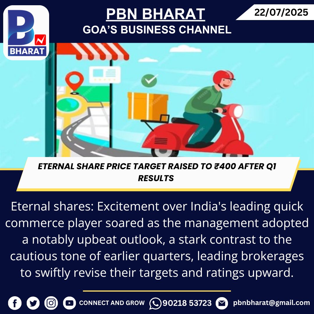 PBNBHARAT's tweet image. Eternal Share Price Target Raised to ₹400 After Q1 Results
#EternalStock #Q1Results #SharePriceTarget #BrokerageViews #StockMarketIndia #InvestSmart