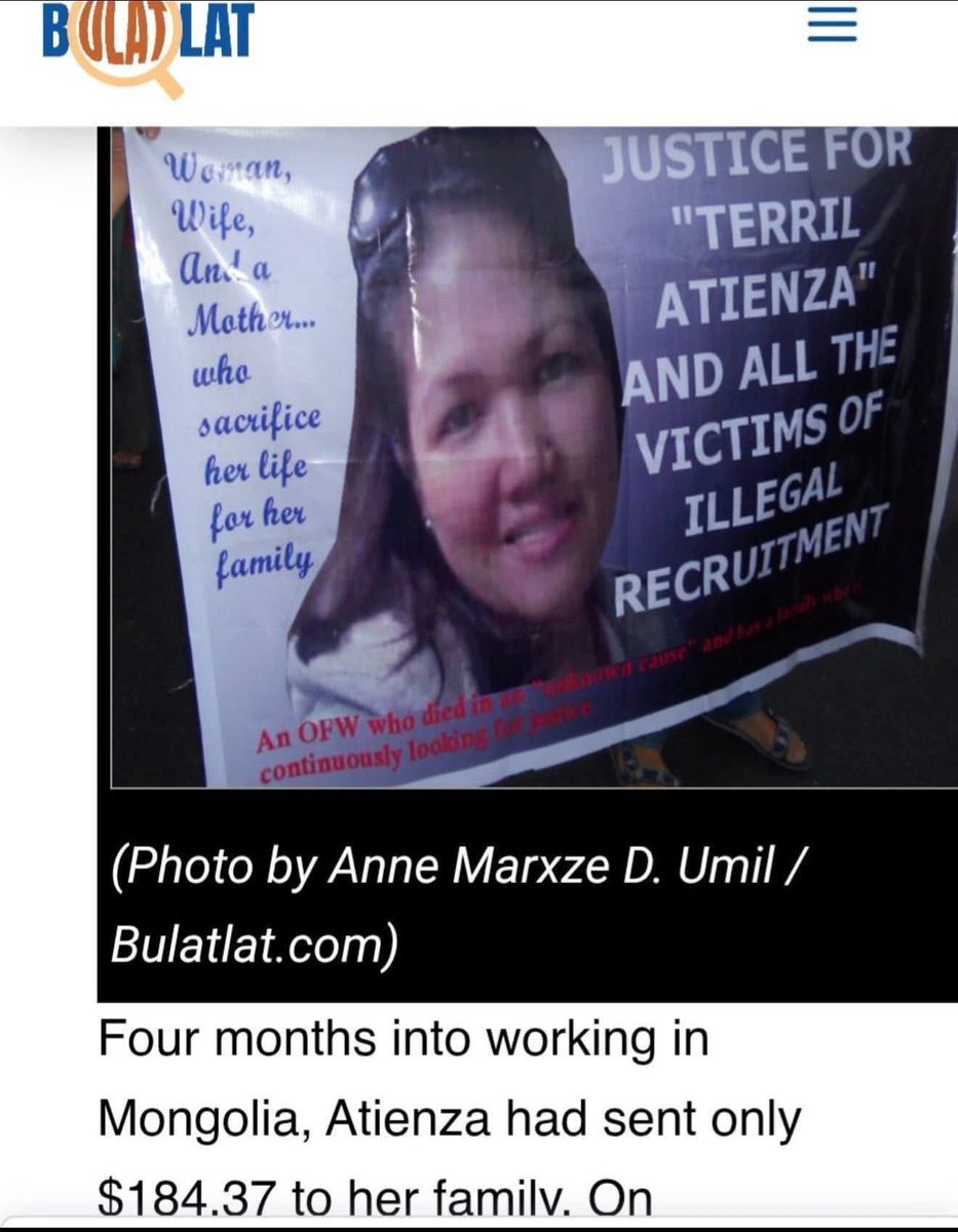 ЭРЭЛИЙН ЭРДЭНЭБАТЫН ГЭРИЙН ҮЙЛЧЛЭГЧИЙН НУУЦЛАГ ҮХЭЛ

Энэ бүсгүйг Террил Атиэнза гэдэг байсан. Байсан хэмээн тодотгож буй нь тэрбээр Монгол Улсын тэргүүн бизнесмен Эрэл группийн эзэн Б.Эрдэнэбатын гэрт үйлчлэгчээр ажиллаж байгаад учир битүүлгээр 2011 оны арваннэгдүгээр сарын