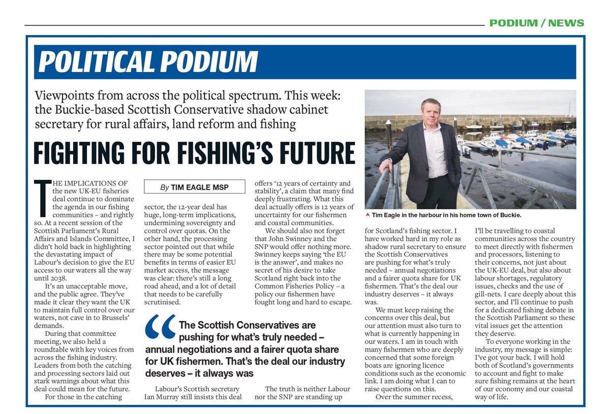 TimEagleHI's tweet image. My latest column in Fishing News 👇
I will continue to hold both of Scotland’s governments to account and fight to ensure fishing remains at the heart of our economy and coastal way of life.