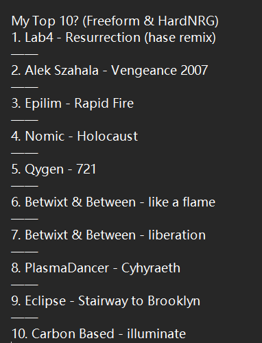 Reballance1's tweet photo. Made my top 10 this year, most freeform, with some hard nrg.
The order of this list  is not important.  I pick some tracks just for fun
But the idea of choosing these songs I think is  interesting. (write a lot on Mastodon about it) https://t.co/7UbnKxwgnM