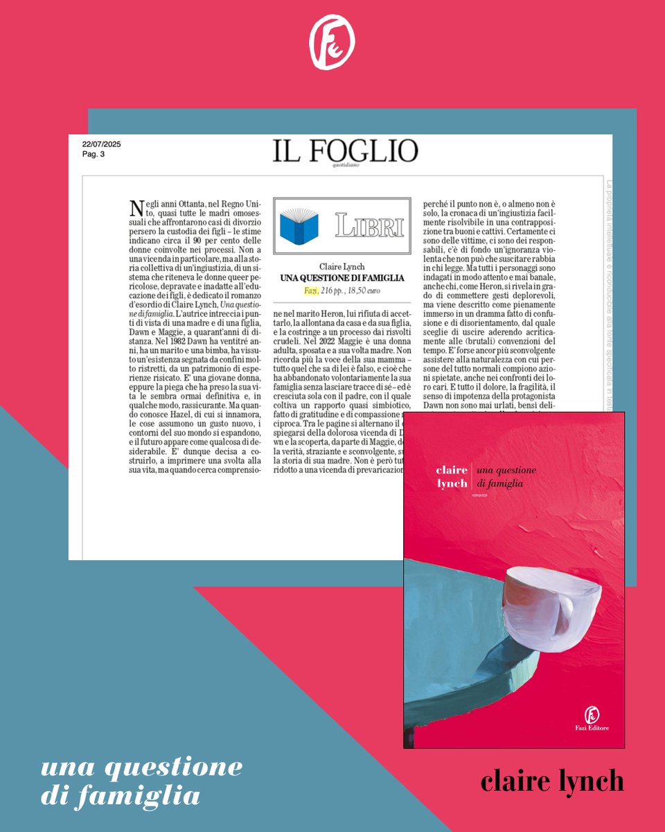 FaziEditore's tweet image. «Non a una vicenda in particolare, ma alla storia collettiva di un'ingiustizia, di un sistema che riteneva le donne queer pericolose, depravate e inadatte all'educazione dei figli, è dedicato il romanzo d'esordio di Claire Lynch, "Una questione di famiglia".
È forse ancor più…