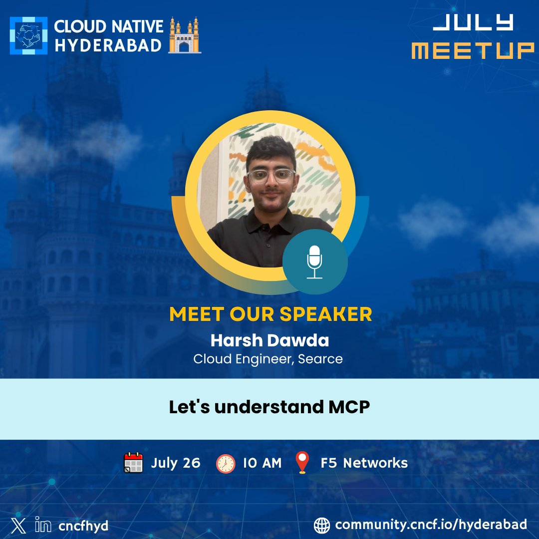 Meet <a href="/Imharshdawda/">Harsh Dawda</a> , Cloud Engineer @Searce ☁️
🎙️ Topic: Let’s Understand MCP
 Come learn what MCP is and how it shapes modern cloud-native architecture!
📅 Date: July 26, 2025
 🕙 Time: 10:00 AM – 1:30 PM IST
 📍 Location: F5
<a href="/CloudNativeFdn/">CNCF</a>
#CNCF #CloudNative #Kubernetes