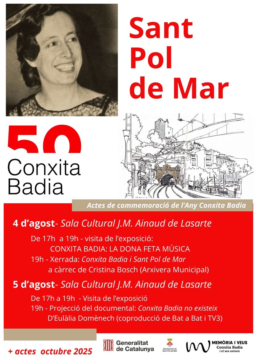 #Bondia Us recordem que aquesta tarda donem el tret de sortida als actes de commemoració dels 50 anys de la mort de Conxita Badia a #SantPol.

🎹🎹🎼🎼🎼🎼🎼🎹🎹

Us hi esperem!

📅 4 d'agost
🕢 19:00
📍 Sala Ainaud de Lasarte