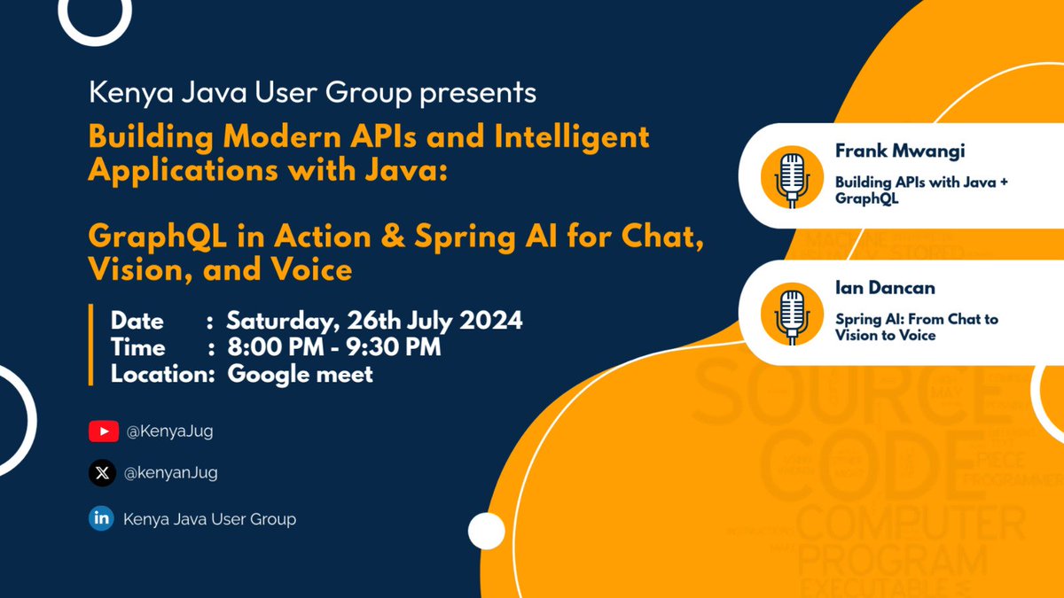 kenyanJug's tweet image. Join us for this Saturday's session!
👨💻 Talks on:
• Java + GraphQL APIs - Frank Mwangi
• Spring AI from Chat to Voice - Ian Dancan
🗓 26th July | 🕗 8–9:30PM EAT | 📍 Google Meet
🎯 Register now: lu.ma/vho7x38p
#KenyaJUG #Java #SpringAI #GraphQL