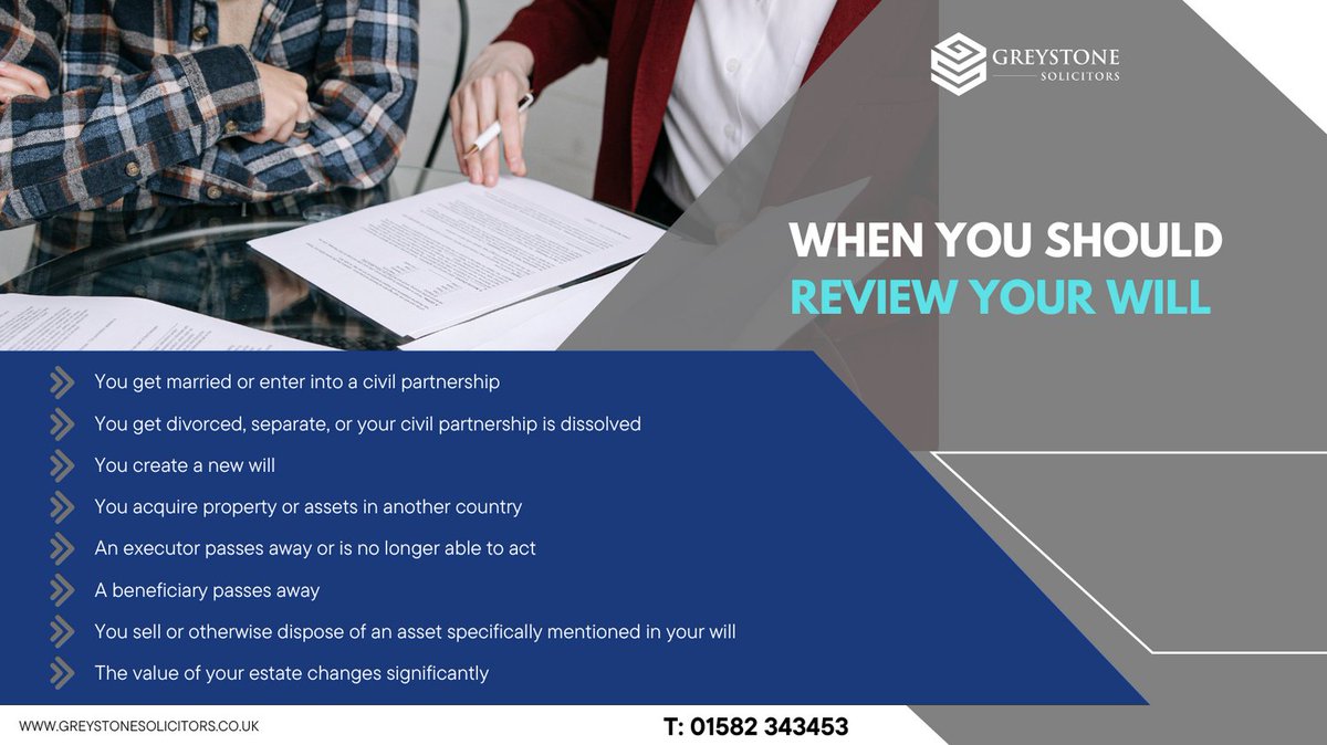When Should You Review Your Will?

There’s no strict rule, but we recommend reviewing your will at least every couple of years or whenever a major life event occurs.

#WillReview #EstatePlanning #GreystoneSolicitors #UpdateYourWill #LifeChanges