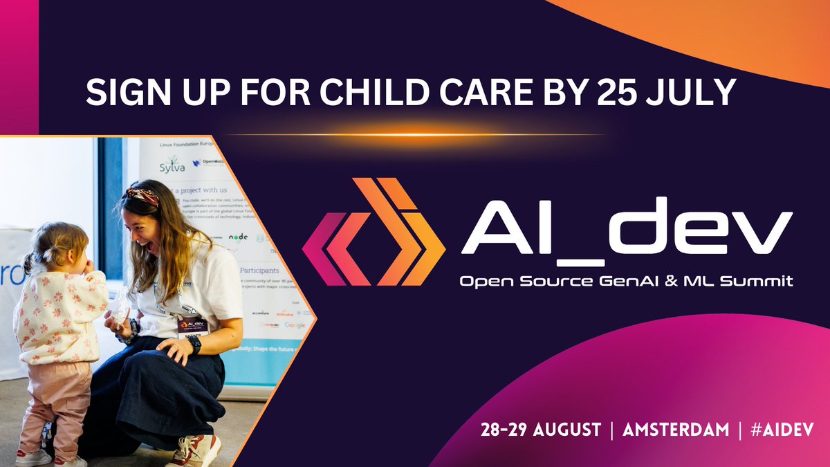 linuxfoundation's tweet image. 👶 Bringing little ones to #AIDev Europe? Child care is available onsite but RSVP is required by 25 July — just 3️⃣ days away.
🗓️ Event: 28–29 August in Amsterdam
📝 Child Care RSVP: hubs.la/Q03wNbmS0
🎟️ Get your event tix: hubs.la/Q03wN6RN0