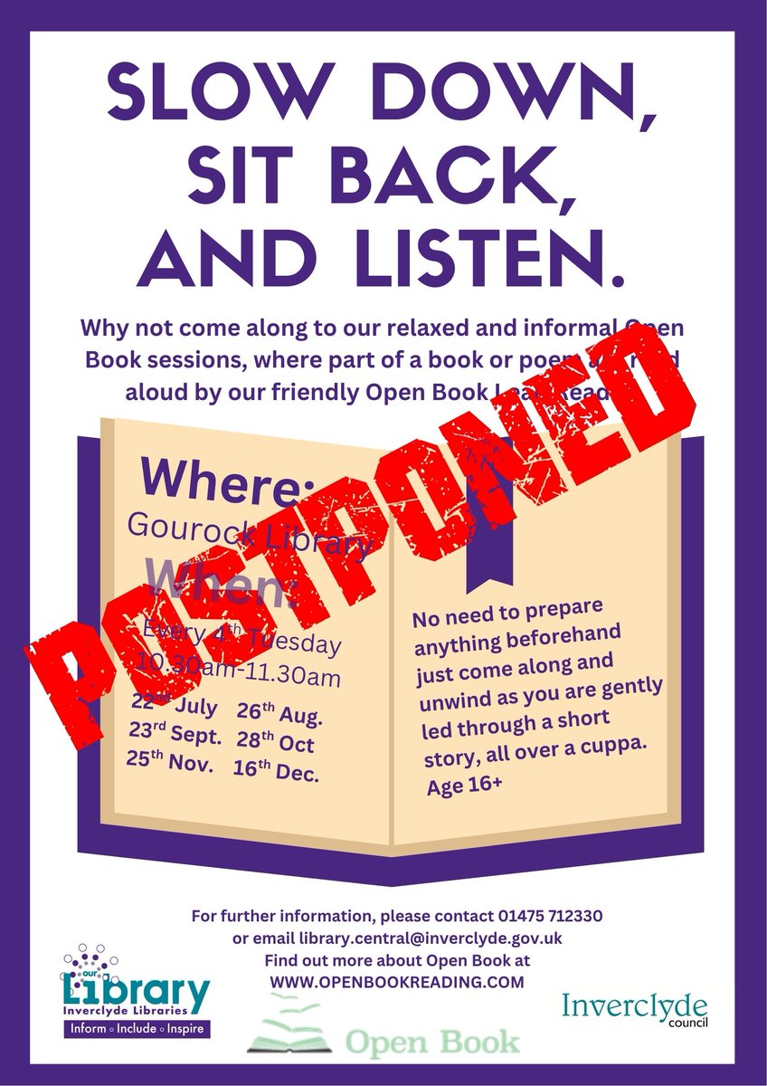 InverclydeLibs's tweet image. Unfortunately, today's Open Book session will be postponed until a further date as Gourock Library will remain closed today. We apologise for any inconvenience and will update with the rescheduled time/date for Open Book as soon as possible. @inverclyde