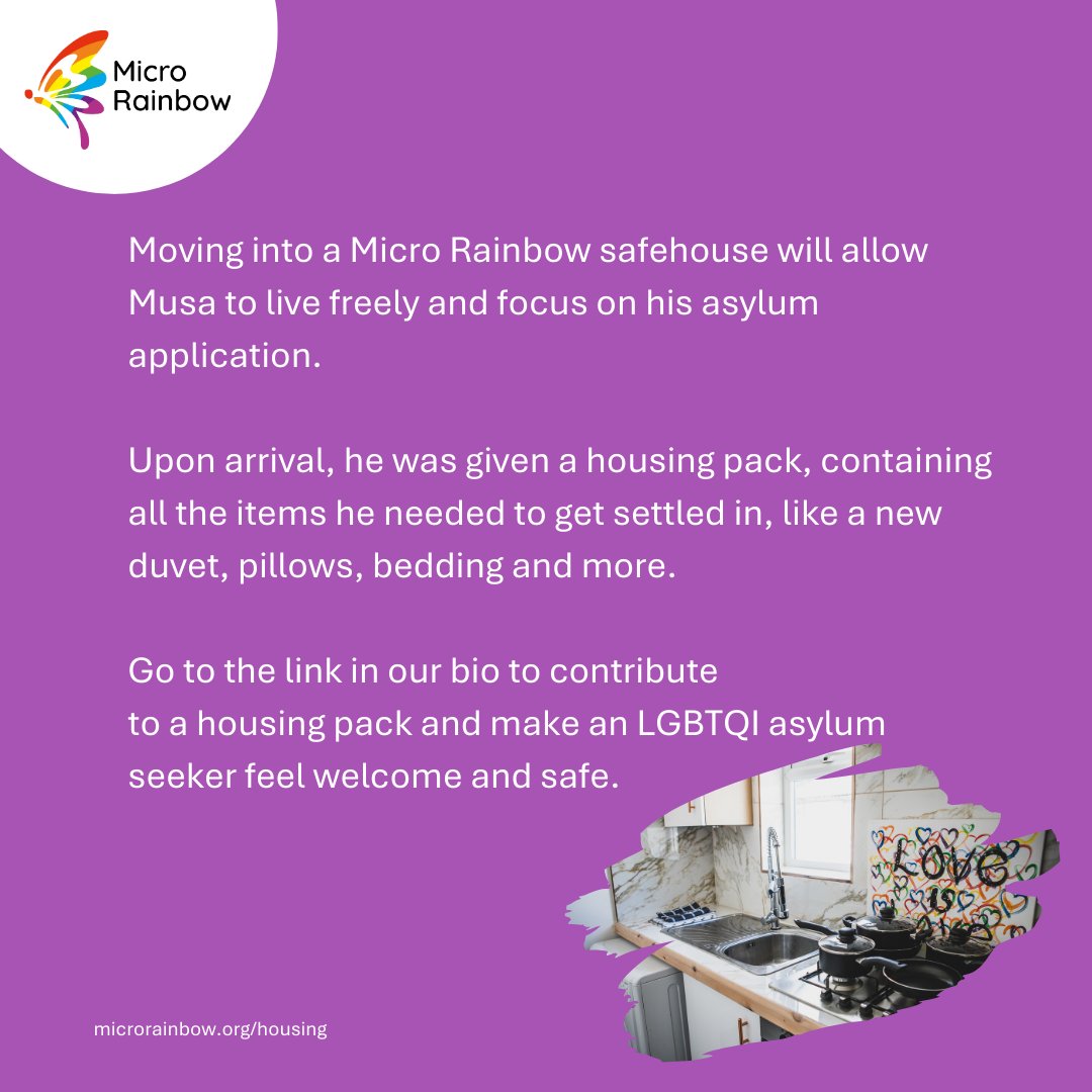 We have welcomed Musa, a gay man from The Gambia, to Micro Rainbow safe housing where he has the freedom and security to focus on rebuilding his life🏠🏳️‍🌈

💜 Help make more arrivals like this possible👉 microrainbow.org/become-an-ally/

#LGBTQI #Refugees #AsylumSeekers #SafeHousing