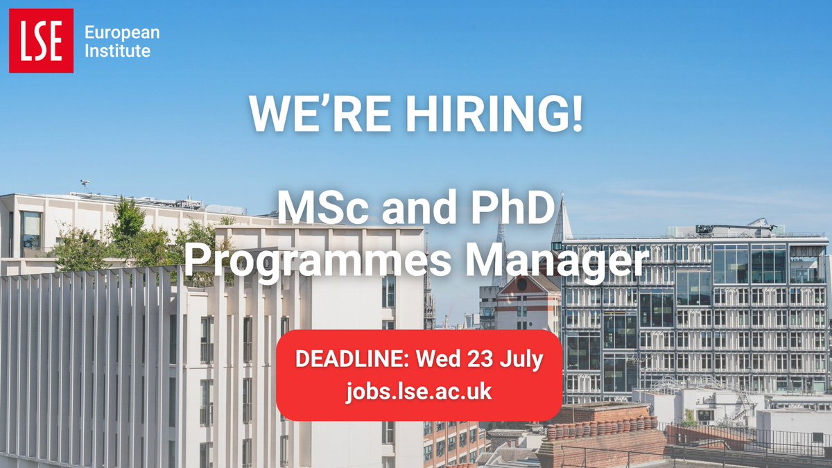 LSEEI's tweet image. 💼 ⏰ CLOSING TOMORROW!
We're #HIRING an MSc and PhD Programmes Manager here at the LSE European Institute! 🎉
🗓️ Closing date: Wednesday 23 July (23.59 BST)
🔗 Find out more and apply here: jobs.lse.ac.uk/Vacancies/W/46…
@LSEnews @LSECareers @EdenLSE @LSEPhD