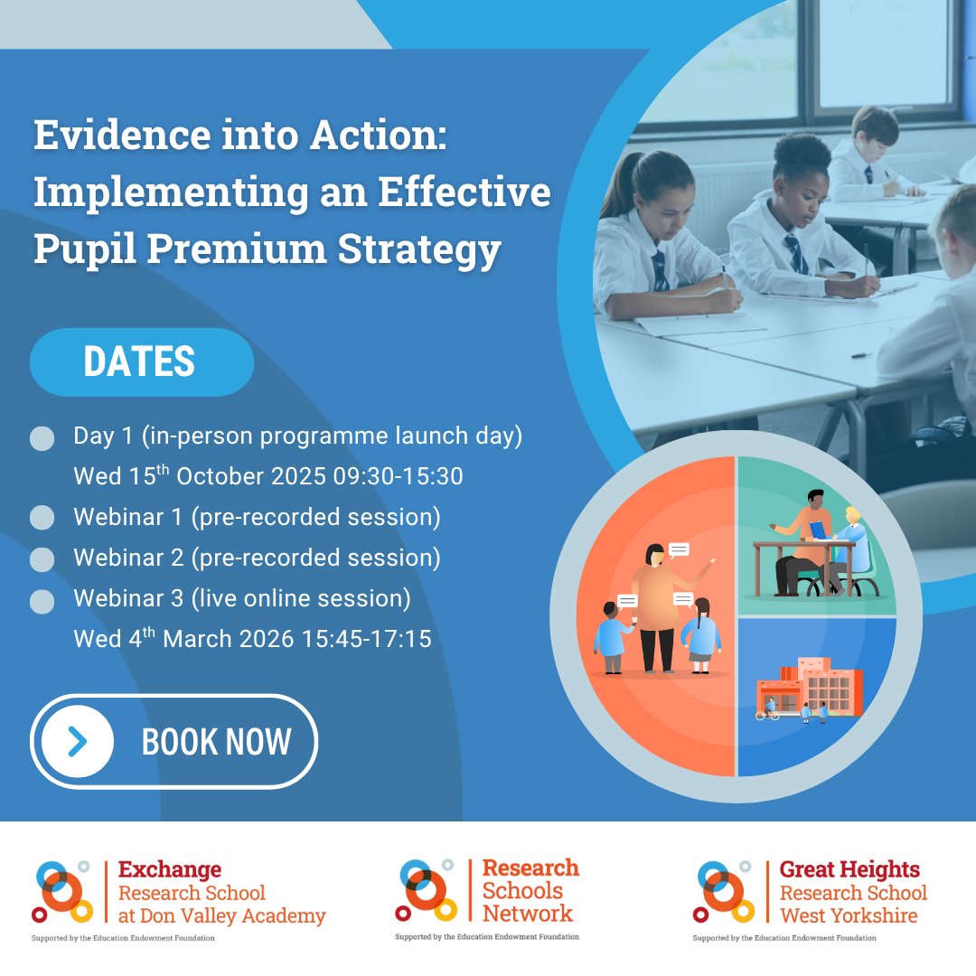 texchangep's tweet image. It may be the summer break, but why not be the among the first to book onto this Research Schools Network programme?
The mixed-media events will:
✅ support schools to review, refine and improve their existing Pupil Premium strategy
✅ explore the principles of effective…