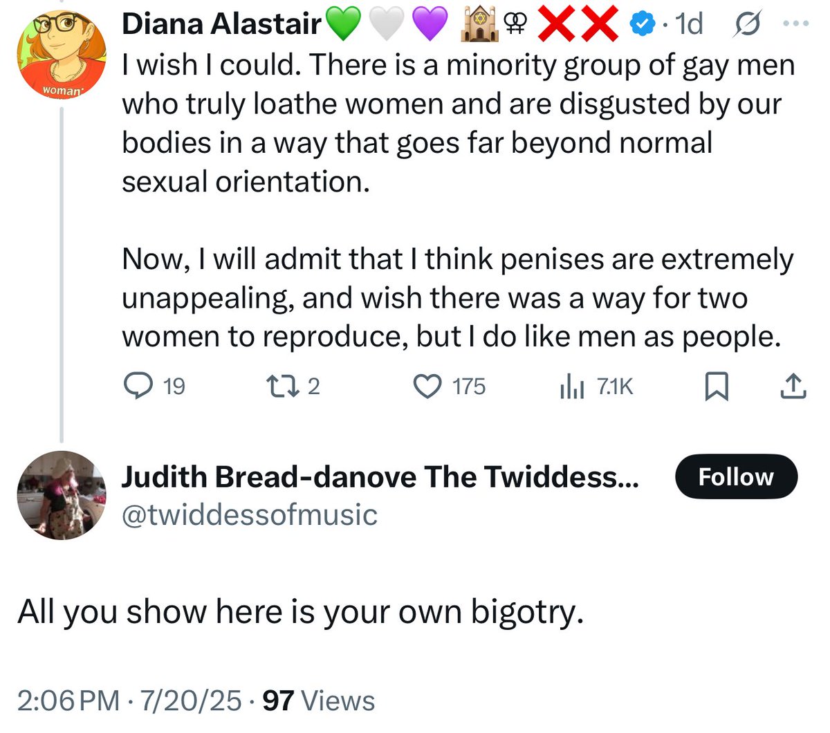 sappholives83's tweet image. Here’s the latest homophobic take, this one from @twiddessofmusic: not being attracted to penises is bigotry.
