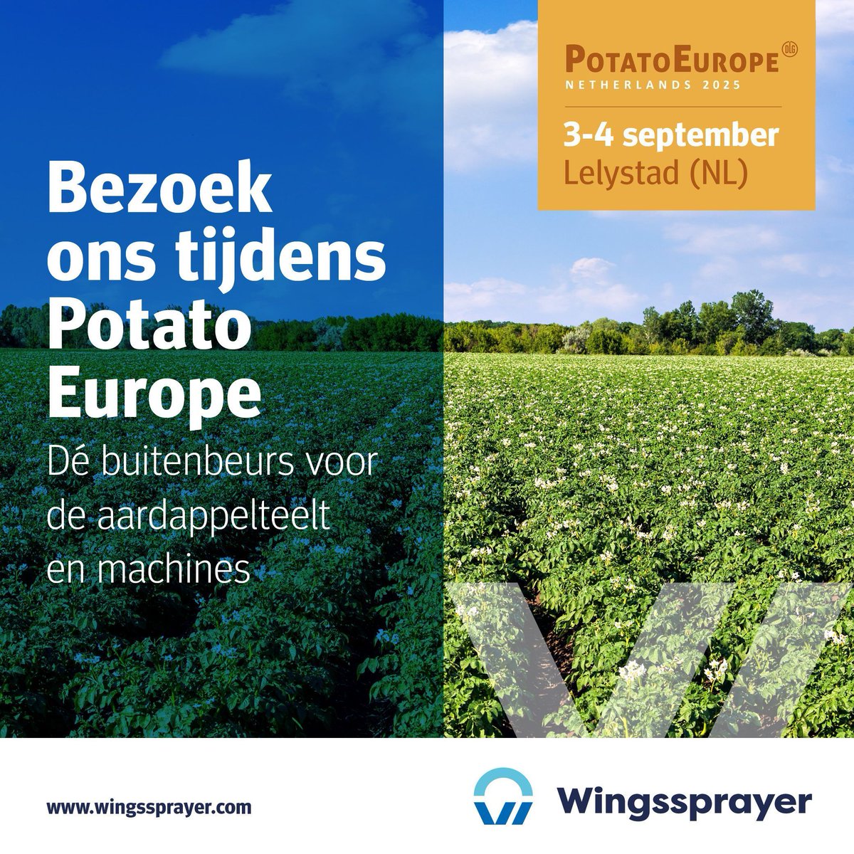 Op 3 en 4 september vind je ons in Lelystad tijdens dé internationale buitenbeurs voor de aardappelsector (standnummer VH-12). Ontdek de nieuwste innovaties en laat je inspireren. Mis het niet!

#PotatoEurope #beurs #aardappelindustrie #gewasbescherming #driftreductie