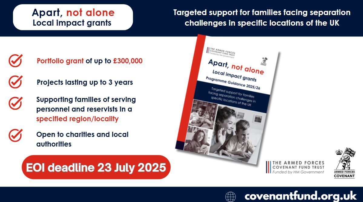 CovenantTrust's tweet image. 🚨 Last chance to apply!
We're closing expression of interest for the Apart, not Alone - Local Impact Grants programme on 23 July 2025.
📣 No need for full project plans at this stage - just your initial idea!
Apply now: buff.ly/DSiOe2F