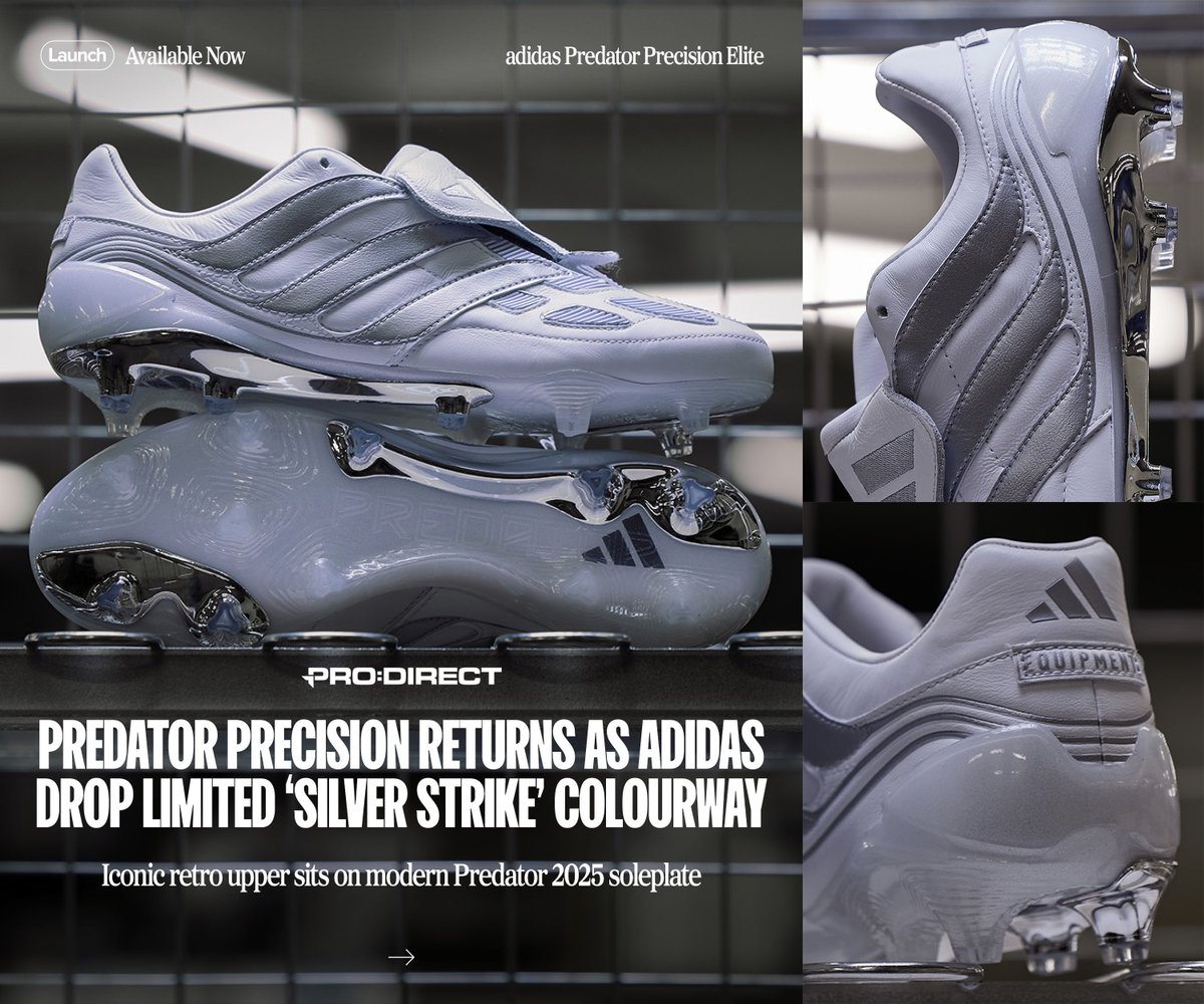 ProD_Soccer's tweet image. 🔗 brnw.ch/PredatorPrecis…
Iconic ✨ adidas have released a special edition Predator Precision in a sensational 'Silver Strike' colourway 😍 Shop your pair online now at Pro:Direct Soccer... Be quick - they won't last long 💨