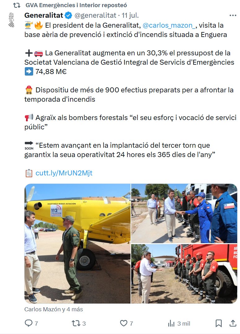 Alicia Andújar (@alicia_andujar) on Twitter photo El pasado 11 d julio, <a href="/carlos_mazon_/">Carlos Mazón</a> y JC Valderrama,conseller de <a href="/GVAEmergencias/">GVA Emergències i Interior</a> fueron a hacer el "paseíllo y vuelta al ruedo" a la base de la helitransportada de Enguera.
Hoy sabemos q en esa unidad suelen ser 3 o 4 componentes;deberían ser 9.
Mazón y Valderrama, a corrales! El pasado 11 d julio, <a href="/carlos_mazon_/">Carlos Mazón</a> y JC Valderrama,conseller de <a href="/GVAEmergencias/">GVA Emergències i Interior</a> fueron a hacer el "paseíllo y vuelta al ruedo" a la base de la helitransportada de Enguera.
Hoy sabemos q en esa unidad suelen ser 3 o 4 componentes;deberían ser 9.
Mazón y Valderrama, a corrales!