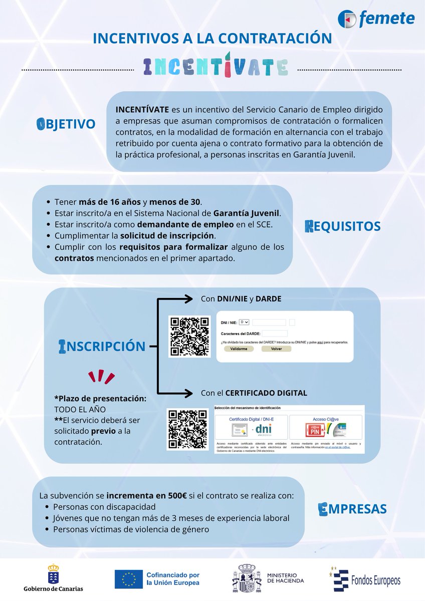 🅵🅴🅼🅴🆃🅴 (@femete) on Twitter photo 💼 ¿Buscas empleo?
Con #INCENTÍVATE, las empresas que te contraten pueden recibir ayudas 💰
✅ Estar en #GarantíaJuvenil
✅ Inscrito/a en el <a href="/SCEmpleo/">SCE Gobcan</a>
✅ Contrato de formación o formativo
ℹ️ Proyecto #MetalEmplea que subvenciona <a href="/JuventudCanaria/">JuventudCanaria.com</a> y cofinancia el FSE Plus 💼 ¿Buscas empleo?
Con #INCENTÍVATE, las empresas que te contraten pueden recibir ayudas 💰
✅ Estar en #GarantíaJuvenil
✅ Inscrito/a en el <a href="/SCEmpleo/">SCE Gobcan</a>
✅ Contrato de formación o formativo
ℹ️ Proyecto #MetalEmplea que subvenciona <a href="/JuventudCanaria/">JuventudCanaria.com</a> y cofinancia el FSE Plus