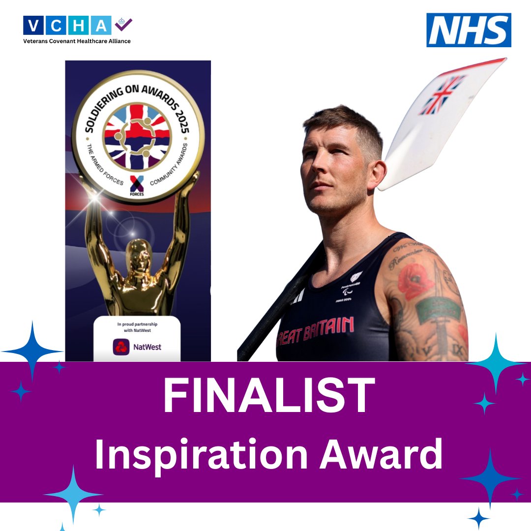 NHSVeteranAware's tweet image. Congratulations to Gregg Stevenson MBE, one of our incredible VCHA colleagues, for being named a finalist for the Inspiration Award at the #SoldieringOnAwards 2025.
Show your support by voting for him. Voting closes 3 August.
soldieringon.org/placeyourvote
#NHSVeteranAware