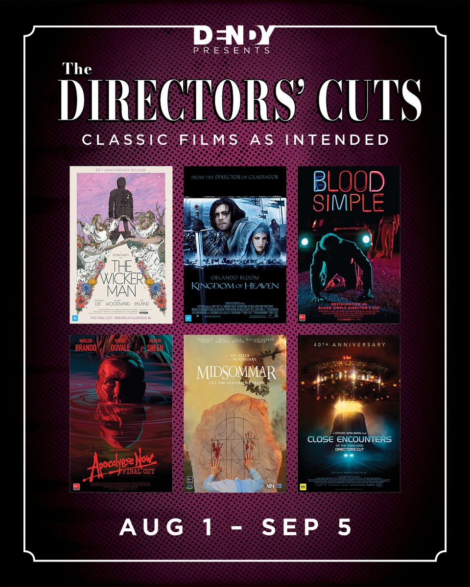 DendyCinemas's tweet image. Experience 6 films the way the directors intended with our special retrospective THE DIRECTORS' CUTS. Considered by the filmmakers to be the definitive versions of their works, these directors' cuts present their original cinematic visions.
Tix on sale - dendy.com.au/the-directors-…