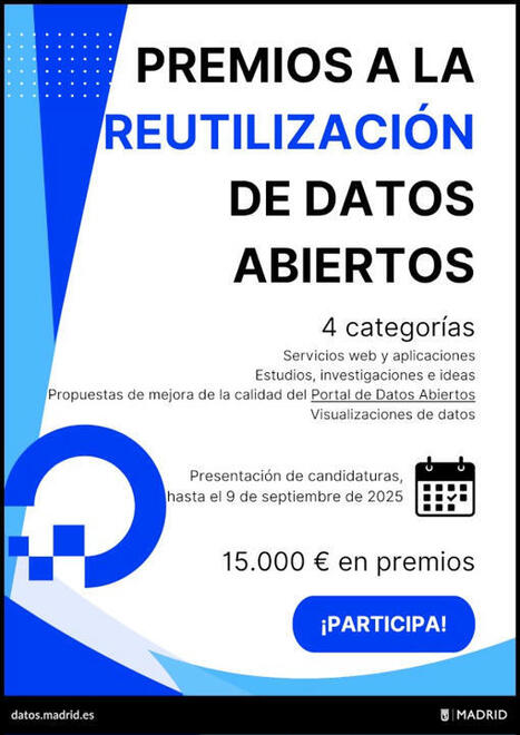 datosgob's tweet image. 🏆 ¿Tienes un proyecto que reutiliza datos abiertos del Ayuntamiento de Madrid?
📆Presenta tu propuesta hasta el 9 de septiembre
💰15.000 € en premios
👉 Apps, estudios, visualizaciones o mejoras del portal
Más información ➡️ bit.ly/4m2njqa