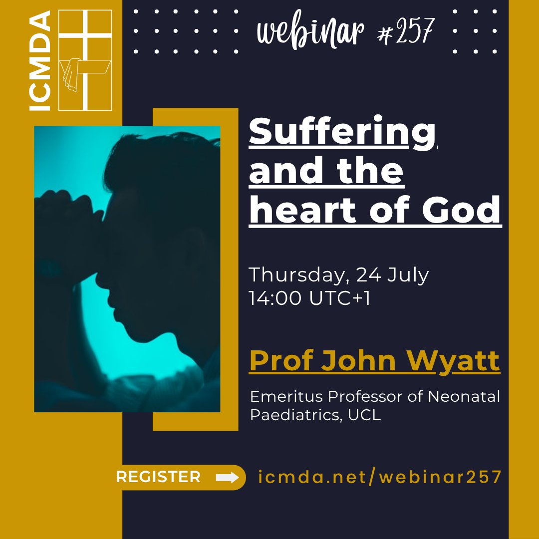 icmdanet's tweet image. Maybe suffering is not a problem to be solved, but a deeper mystery to be journeyed through... might it be from the very heart of God?

Join Prof John Wyatt as he helps us look at the problem of suffering  on this week&apos;s ICMDA webinar.

Register at icmda.net/webinar257