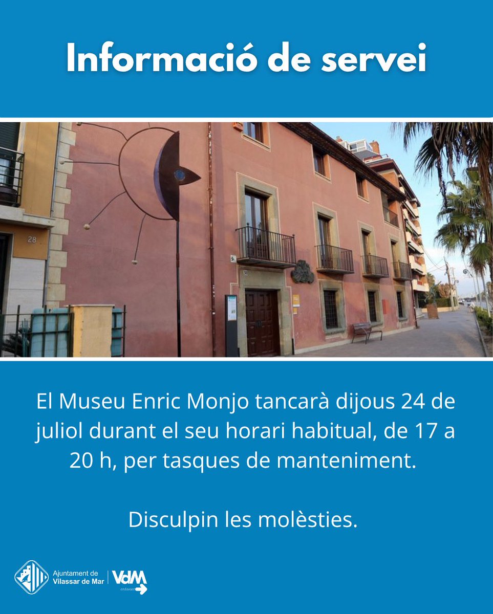 ‼️ Per tasques de manteniment, el Museu Enric Monjo tancarà el proper dijous 24 de juliol, de 17 a 20 h.‼️

🙏🏽 Disculpin les molèsties. 

#avisos