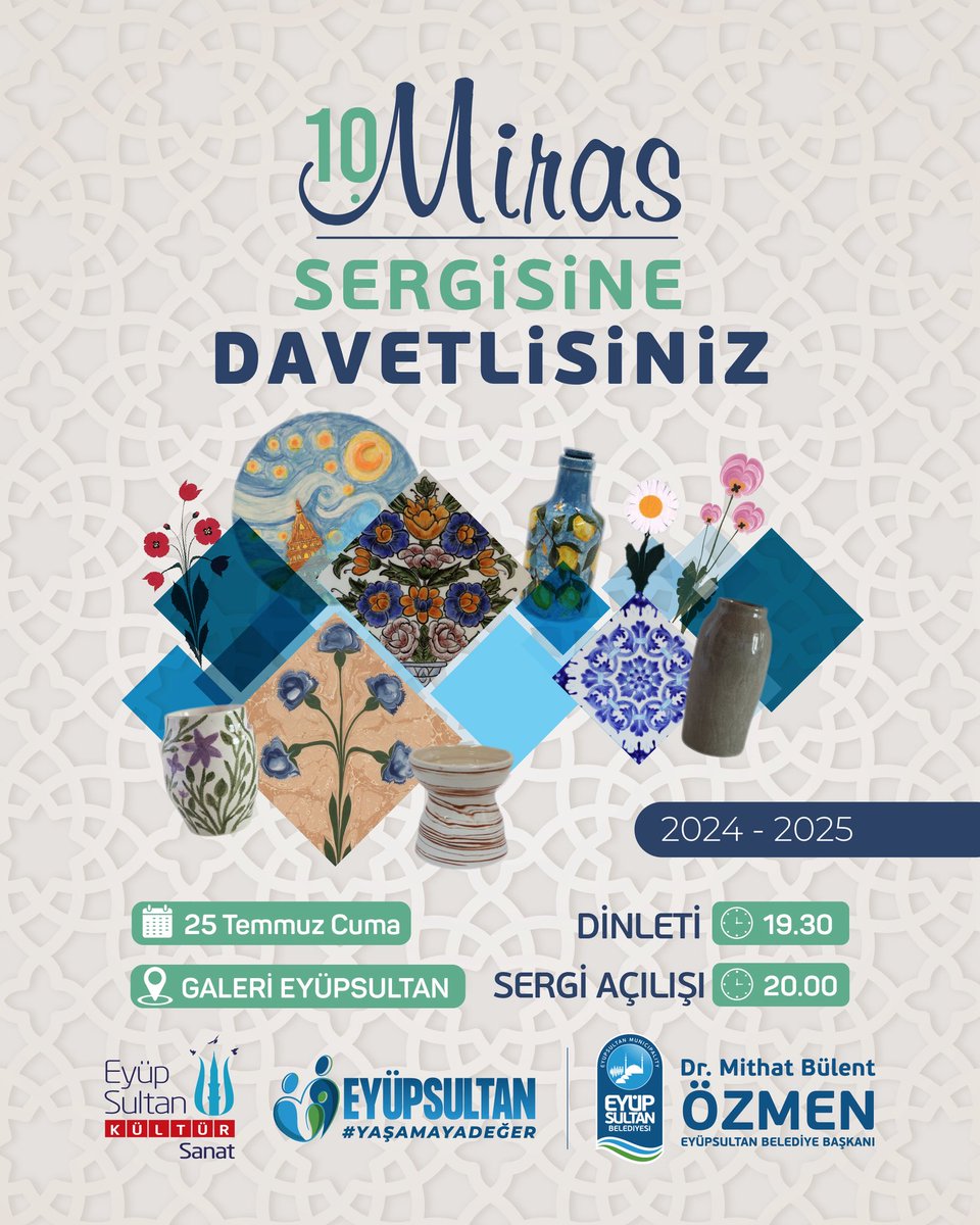 Eyüpsultan’da kültür ve sanat dolu bir akşama davetlisiniz! 🎨
2024–2025 dönemine ait el emeği eserlerin yer aldığı 10. Miras Sergimiz kapılarını açıyor.

🗓️ 25 Temmuz Cuma
📍 Galeri Eyüpsultan
🕖 Dinleti: 19.30
🕗 Sergi Açılışı: 20.00

#Eyüpsultan #YaşamayaDeğer #KültürSanat