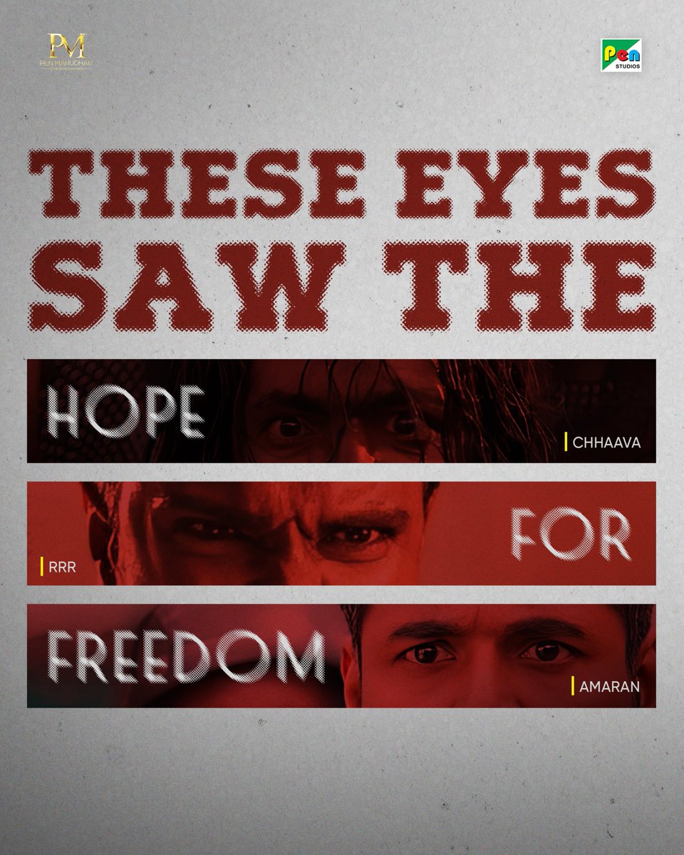PenMovies's tweet photo. And our eyes believed their vision 🧎‍♂️🔥

@vickykaushal09 @AlwaysRamCharan @Siva_Kartikeyan 

#Chhaava #RRR #Amaran #HopeforFreedom #PowerfulEyes #PenMovies https://t.co/0CwSykxfRB