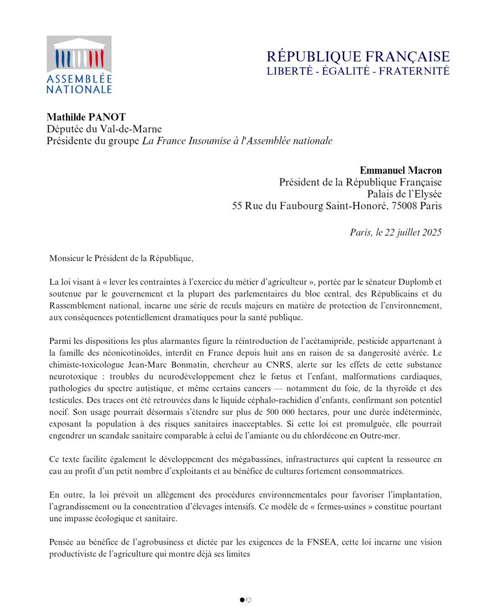 FiAssemblee's tweet image. 🔴📄 « Ce texte, qu’on pourrait à juste titre renommer « #LoiPesticides », suscite une opposition unanime.
La pétition déposée sur le site de l’Assemblée recueille déjà plus de 1,5 million de signatures.
C’est pourquoi je vous exhorte à demander une seconde délibération de…