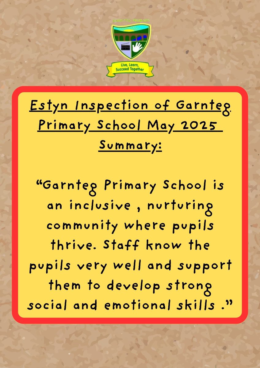 The Headteacher, Staff and Governors are delighted to present our Estyn inspection Report 2025. 

Please follow the link to read the full report: 
estyn.gov.wales/app/uploads/20…
<a href="/garntegprimary/">Garnteg Primary</a>