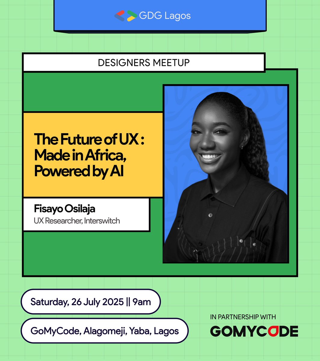 gdglagos's tweet image. We’re excited to announce that Fisayo Osilaja, UX Researcher @InterswitchGRP , will be joining us as one of the speakers at the Designers Meetup.
Fisayo is a seasoned UX researcher who excels at driving product growth by combining research, analytics, and AI-powered workflows.…