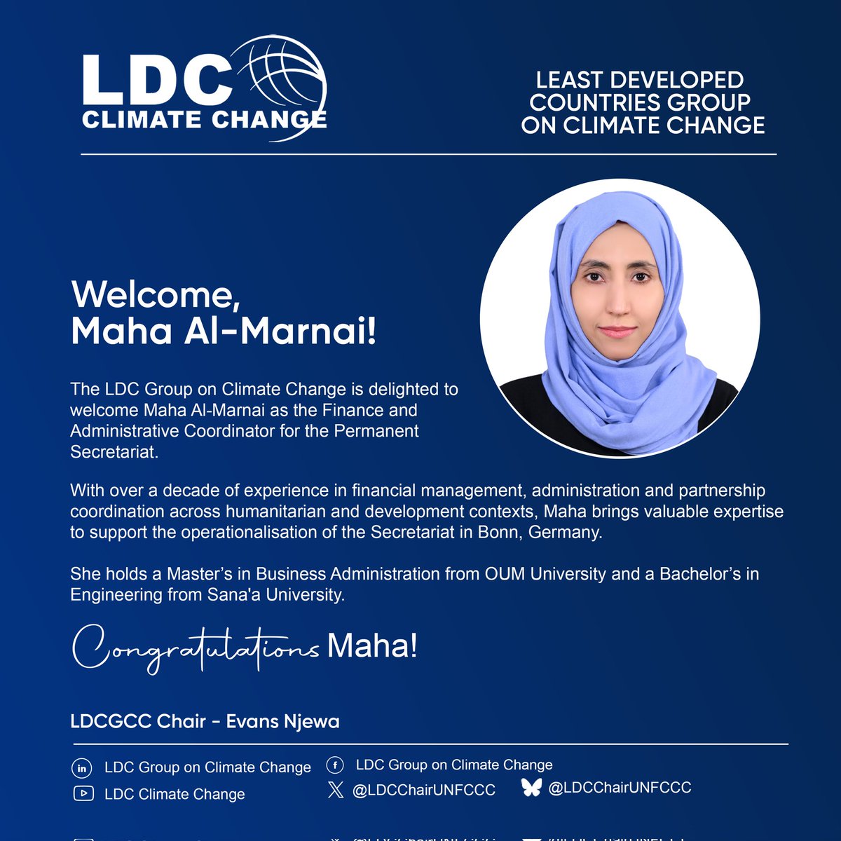 Our Permanent Secretariat family is expanding! Pleased to welcome Maha to our newly launched Secretariat in Bonn, Germany.  1st event: Voices of Resilience Webinar+ 3 week-social media campaign.
 📅 July 23, 2:00-3:30 PM CEST. Register: bit.ly/4kFFbGu)

#LDCSecretariat