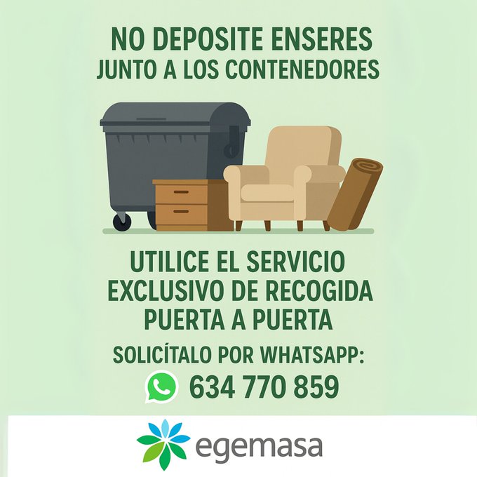 ¿Tienes un mueble viejo y no sabes qué hacer con él? 🛋️ No lo dejes junto al contenedor.

📦 Lo recogemos en tu casa.
➡️ WhatsApp: 634 770 859
📞 Tel: 957 609 000
📝 Formulario: bit.ly/Formulario-Rec…

♻️ Cuidar tu ciudad también es esto.