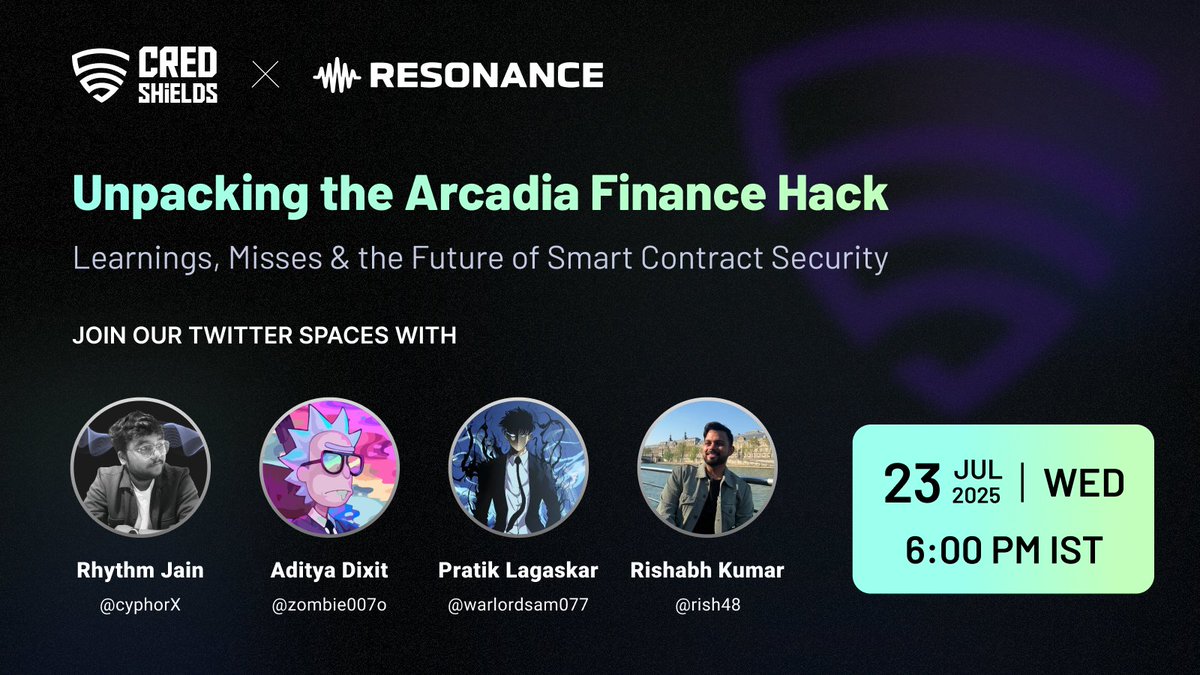 CredShields (@credshields) on Twitter photo Join CredShields and <a href="/Resonancesec/">Resonance Security</a> as we unpack the Arcadia Finance Hack — diving deep into what went wrong, key takeaways, and how it shapes the future of smart contract security.
Catch the discussion on Wednesday, July 23 at 6:00 PM IST | 12:30 PM UTC.
🎙️ Speakers:
• Rhythm Join CredShields and <a href="/Resonancesec/">Resonance Security</a> as we unpack the Arcadia Finance Hack — diving deep into what went wrong, key takeaways, and how it shapes the future of smart contract security.
Catch the discussion on Wednesday, July 23 at 6:00 PM IST | 12:30 PM UTC.
🎙️ Speakers:
• Rhythm