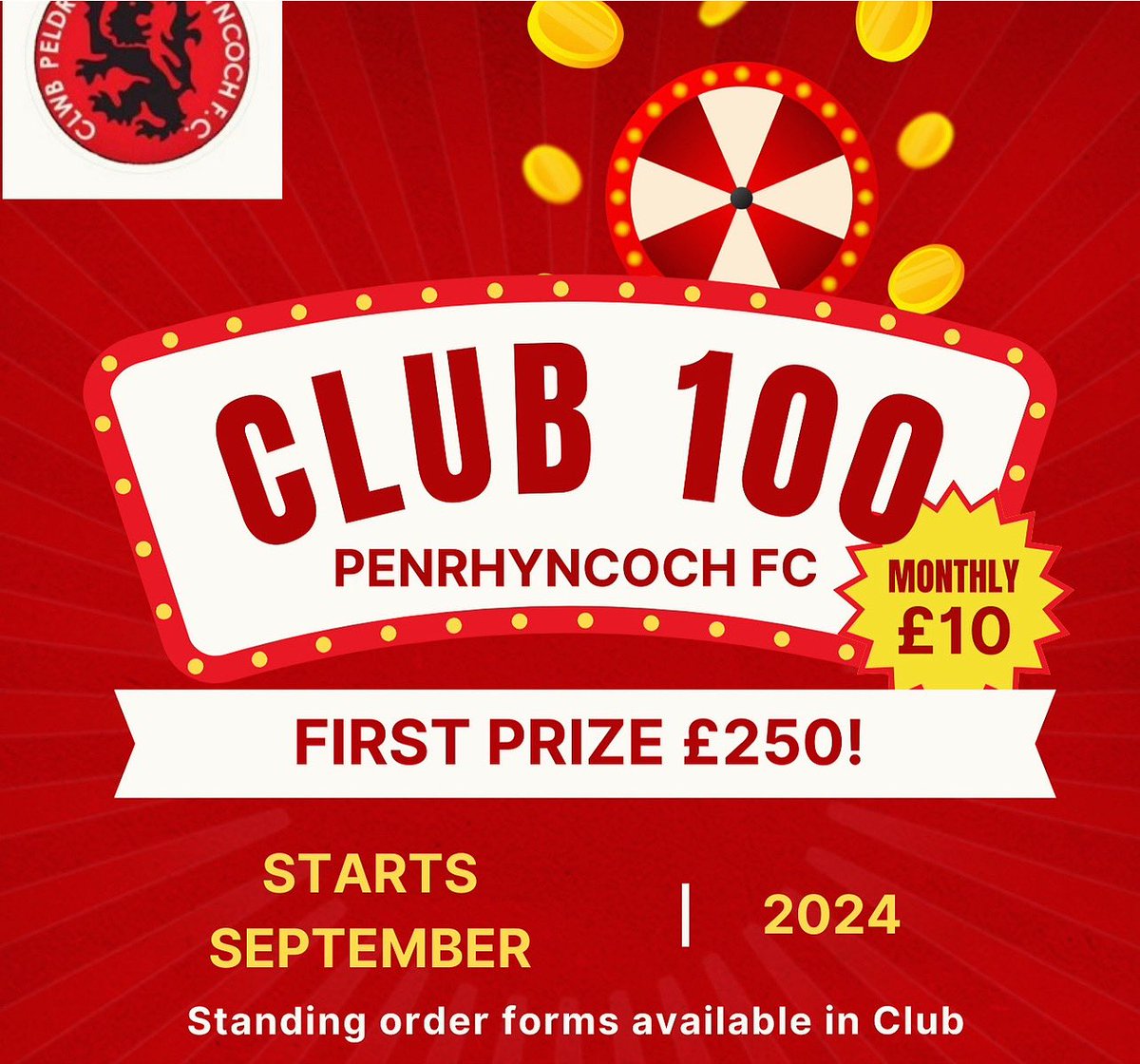 Club 100 - July results.  
£250.  Sion James
£100.   David Sheppard
£50.    Seamus. Docherty
£20.    Wyn Morgan
£20.    Carina Phillips
£20.    Riley Jenkins
£20.   Angela Makuruk 
£20.   Mike Daniel.