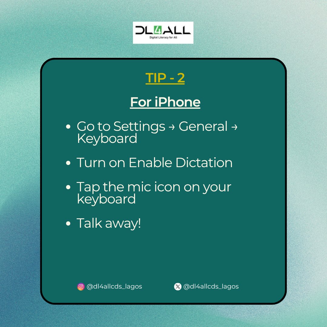 Dl4AllCds_Lagos's tweet image. Tuesday Tech Tips is backkk 
Let your voice do the typing. It saves time and makes work easier🔥
#dl4allcdslagos #VoiceToText