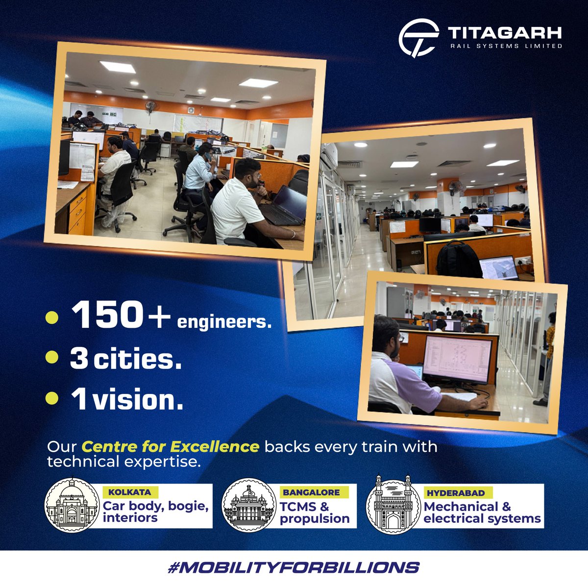 titagarhgroup's tweet image. At the heart of innovation and precision,our Centres of Excellence brings together 150+ expert engineers across Kolkata,Bangalore and Hyderabad, aspiring to drive the future of rail mobility. At #Titagarh, excellence isn’t an aspiration. It&apos;s our engineering DNA.
#RailEngineering
