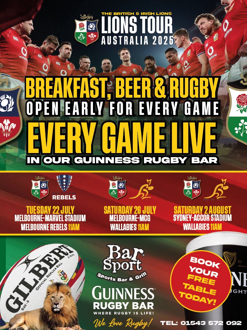 Barsport's tweet image. 🏉🏉🏉 It’s Game Day…
We’re now open for Breakfast Beer & Rugby
11am 🇦🇺 The Rebels V The Lions 🇬🇧🇮🇪
Join us for our big British & Irish Breakfast with specials on the best Guinness in Town
#britishandirishlions #australia
#BarSportGuinnessRugbyBar
#WeLoveRugby