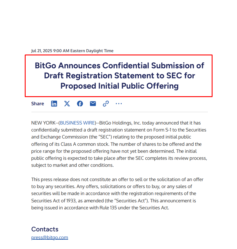 CryptoCoinShow's tweet image. ⚡️BIG: @BitGo has announced the confidential filing of a draft registration statement with the U.S. SEC for a potential IPO in the United States.