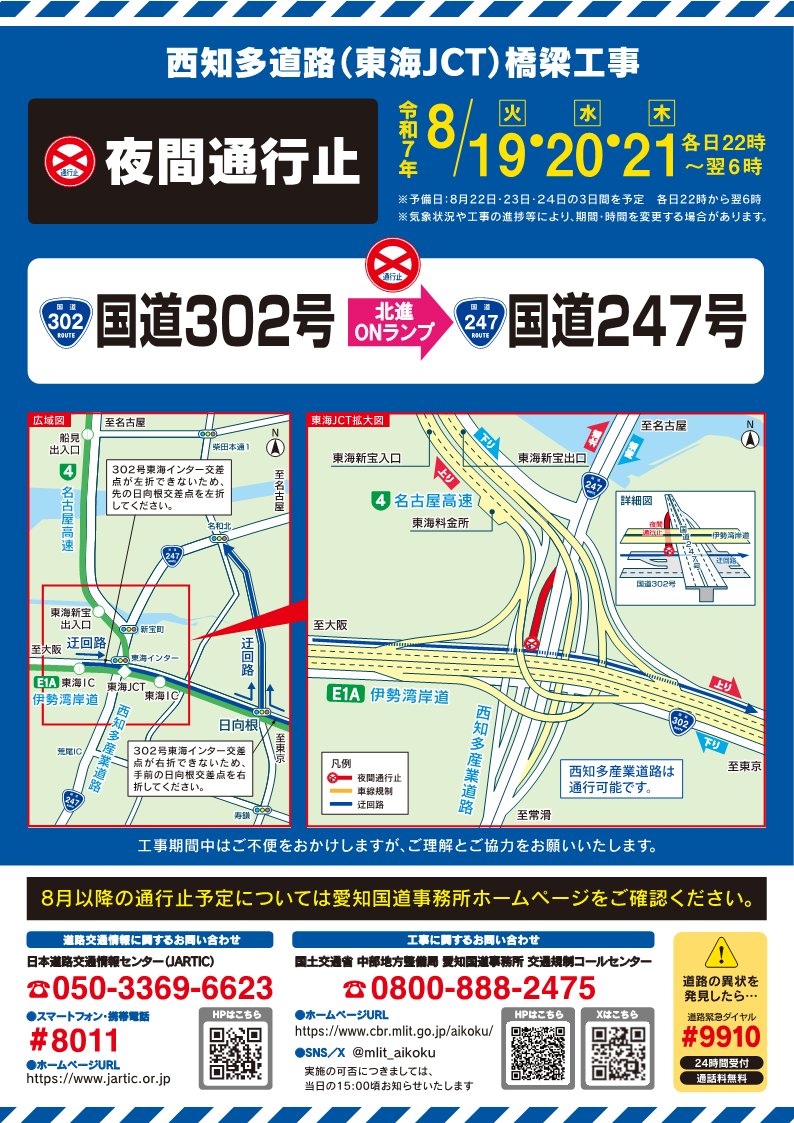 mlit_aikoku's tweet image. 【夜間通行止めのお知らせ】
令和7年8月19日(火)・20日(水)・21日(木)各日22時~6時
#西知多道路(東海JCT)橋梁工事のため、#R302 東海インター交差点から #R247 北進ONランプの夜間通行止めを実施します。
工事期間中はご迷惑をおかけ致しますが、ご理解とご協力をお願いします。#道路情報